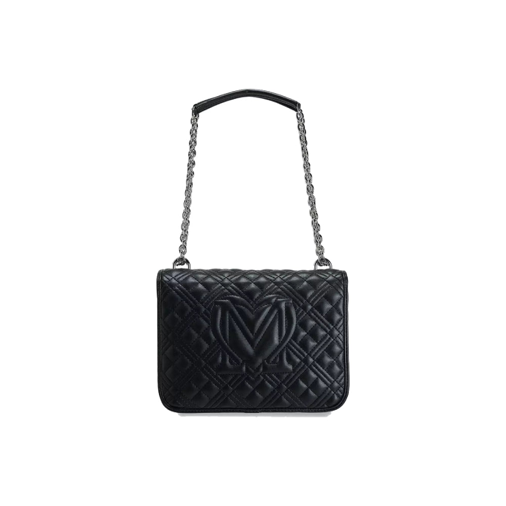 Love Moschino Quilted Shoulder Bag with Chain Strap and Logo Plaque In Black