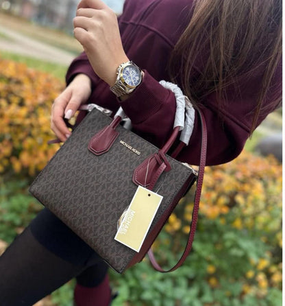 Michael Kors Mercer Medium Logo And Leather Accordion Crossbody Bag Merlot