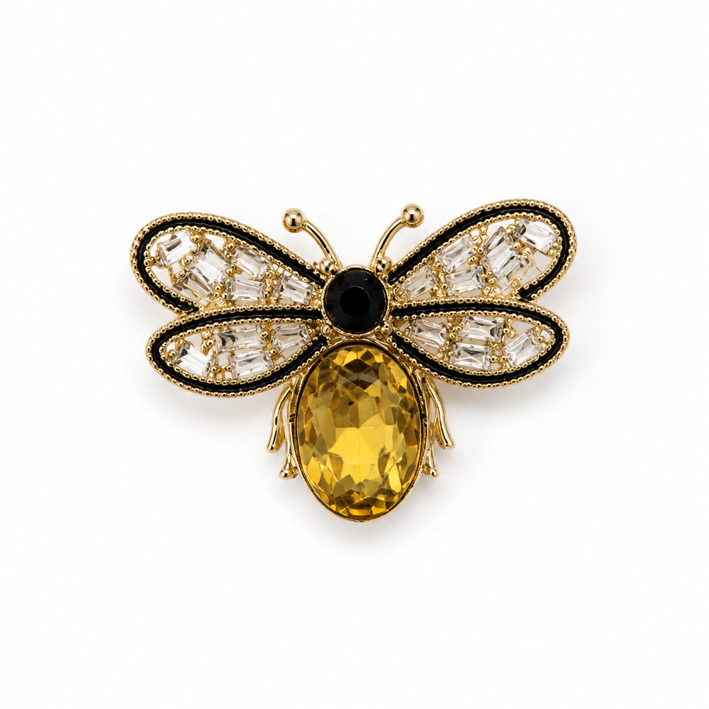 Crystal Bee Brooch with Amber Drop in Gold