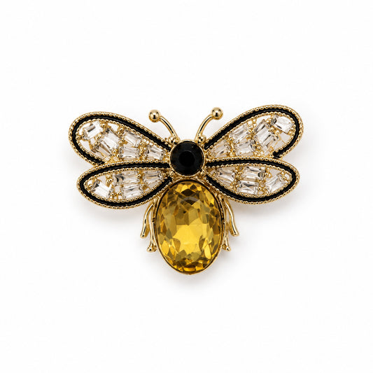 Crystal Bee Brooch with Amber Drop in Gold