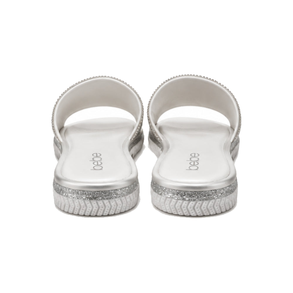 Bebe Rhinestone Logo Slide Sandals In White/Silver