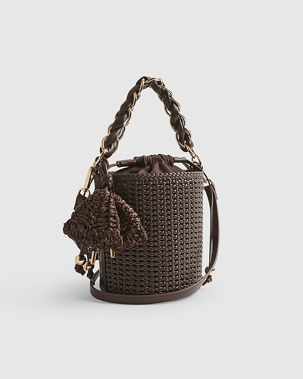 River Island Brown Chain Handle Woven Bucket Bag