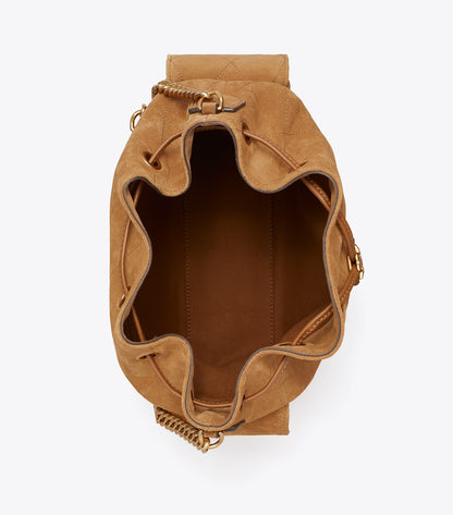 TORY BURCH CHARLIE QUILTED DRAWSTRING SHOULDER BAG IN SUEDE CAMEL