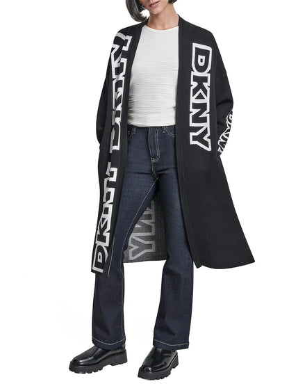 DKNY Women Black Placement Print Mandarin Collar Sweater size M