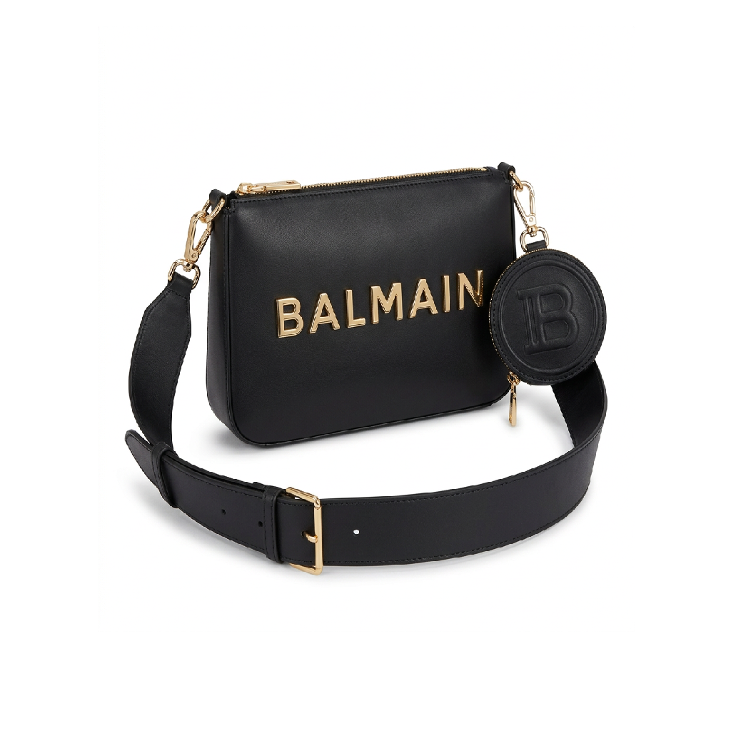 Balmain Leather Shoulder Bag with Round Coin Purse in Black