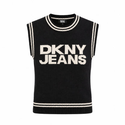 DKNY Women Printed Vest Round Neck Sweater in Black