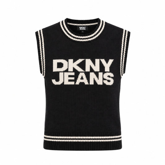 DKNY Women Printed Vest Round Neck Sweater in Black