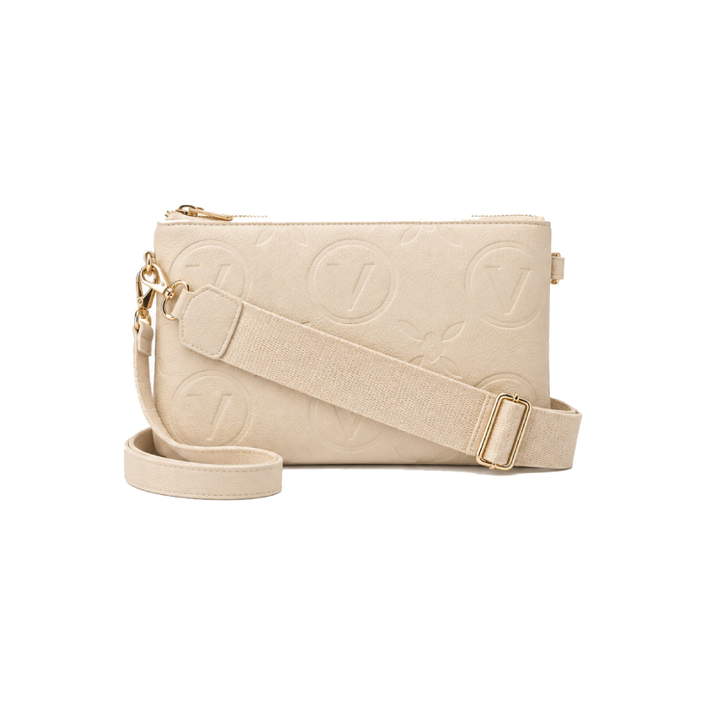 Valentino Bags Pansy Crossbody Bag with Embossed Logo Pattern In Ecru