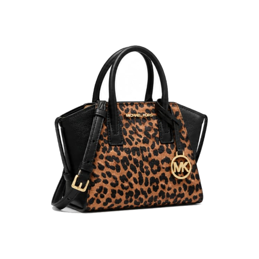 Michael Kors Leopard Print Satchel with MK Charm In Black