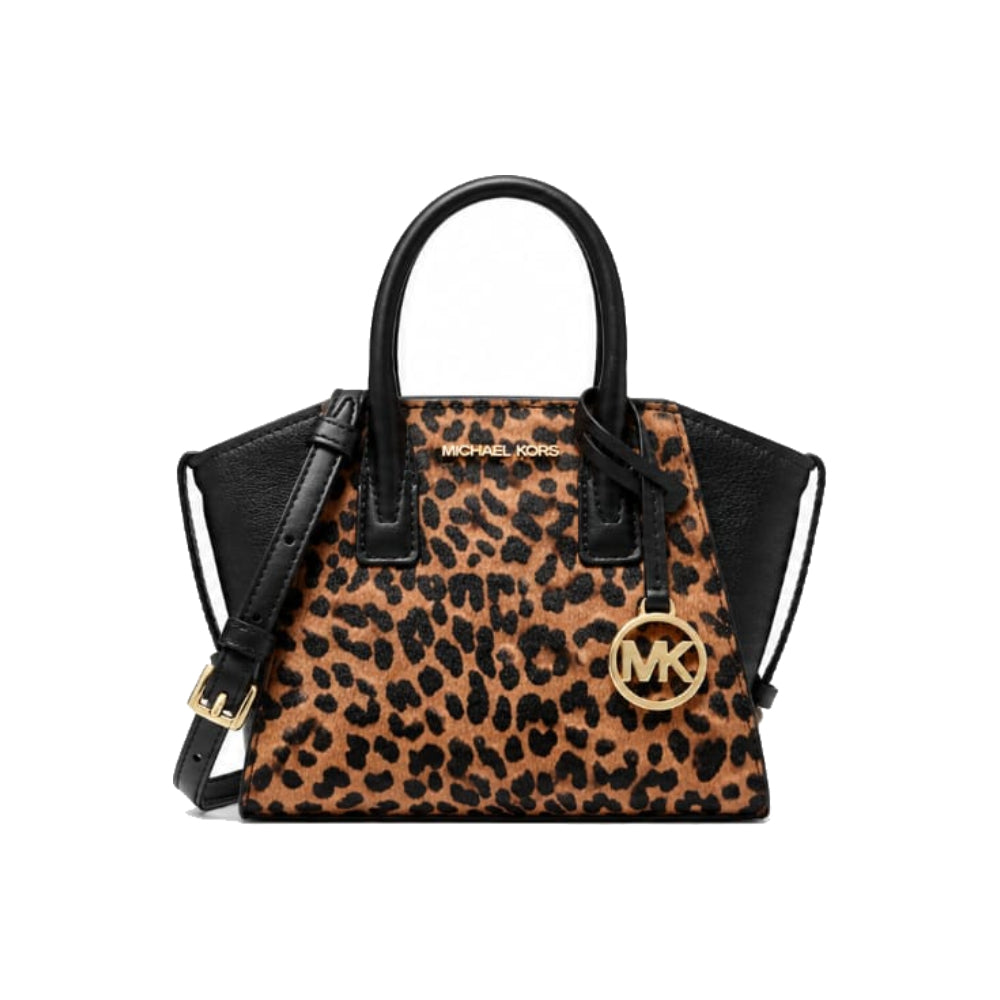 Michael Kors Leopard Print Satchel with MK Charm In Black