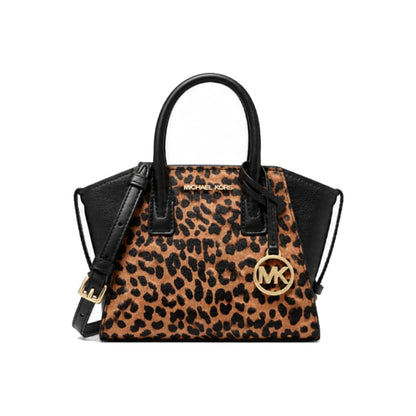 Michael Kors Leopard Print Satchel with MK Charm In Black