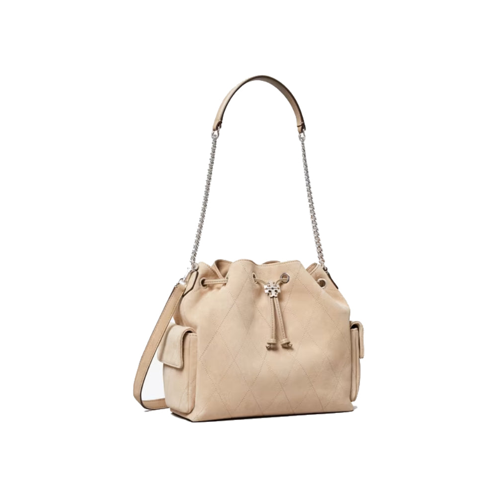 Tory Burch Charlie Quilted Drawstring Shoulder Bag In Beige
