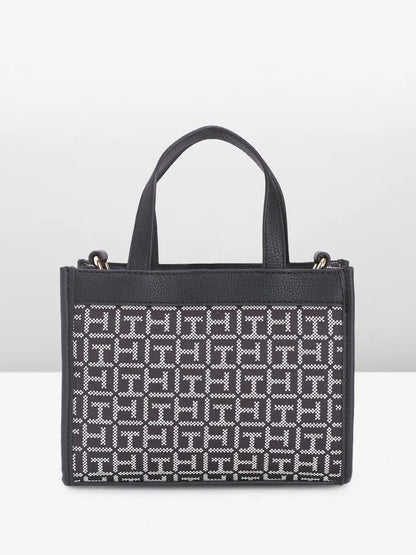 Tommy Hilfiger Brand Logo Textured Handheld Bag in navy