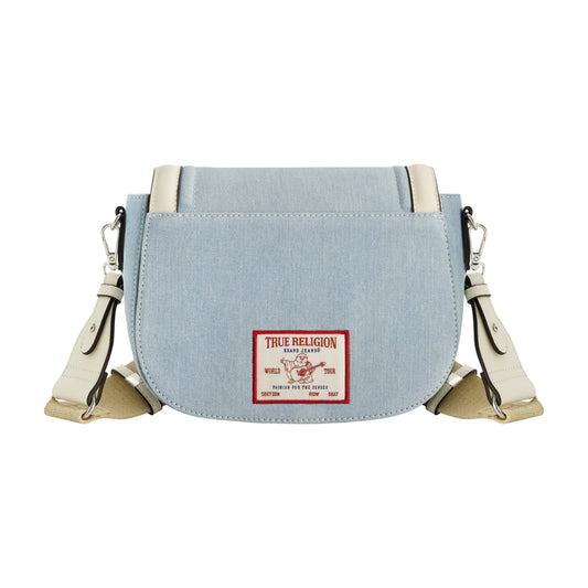 TRUE RELIGION DISTRESSED LOGO DENIM SADDLE BAG, LIGHT BLUE