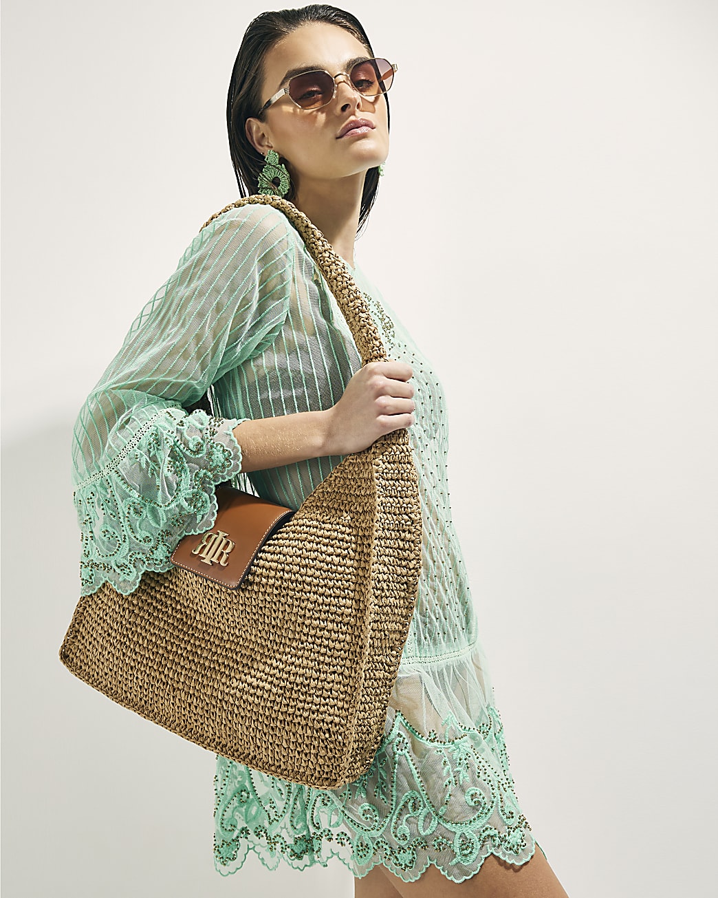River island Beige Raffia Flap Front Shoulder Bag