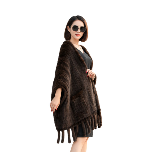 Women's Genuine Fur Shawl with Fringe