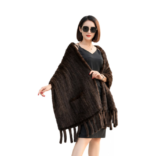 Women's Genuine Fur Shawl with Fringe