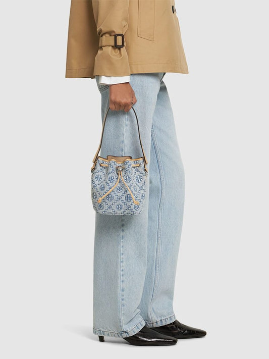 Tory Burch Mini T Monogram denim bucket bag