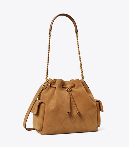 TORY BURCH CHARLIE QUILTED DRAWSTRING SHOULDER BAG IN SUEDE CAMEL