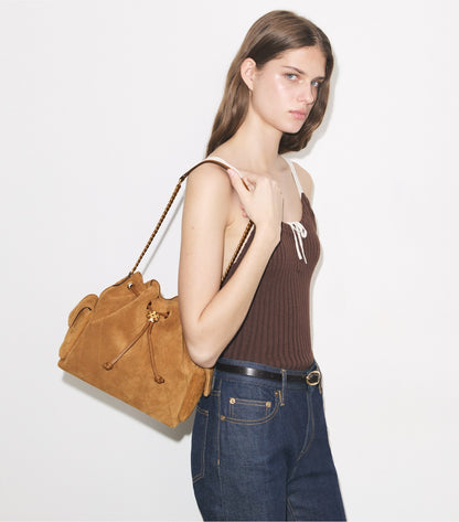 TORY BURCH CHARLIE QUILTED DRAWSTRING SHOULDER BAG IN SUEDE CAMEL