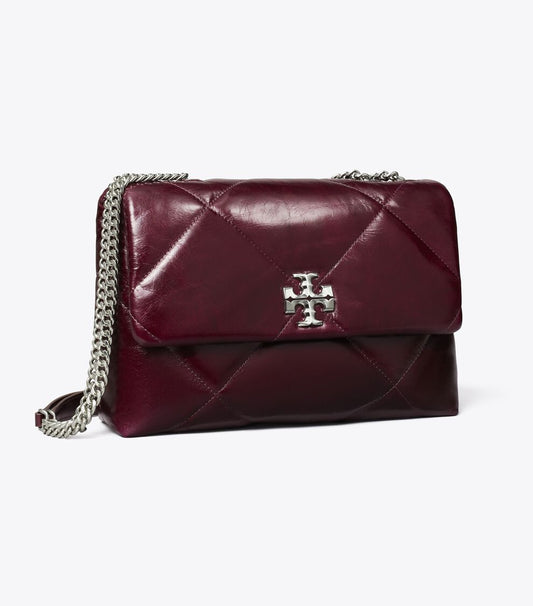 TORY BURCH KIRA DIAMOND QUILT DISTRESSED SHOULDER BAG IN DARK CARMINE
