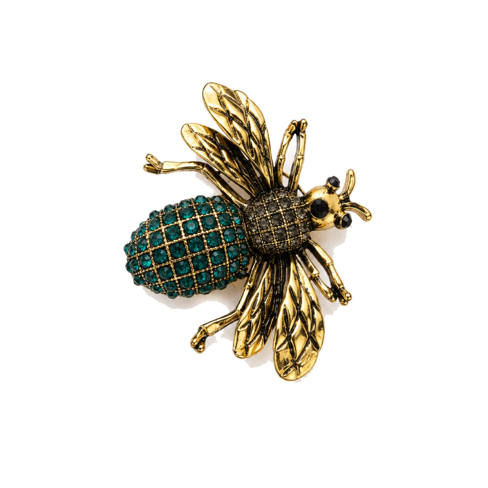 Bee Crystal Brooch Green & Black Crystal In Gold