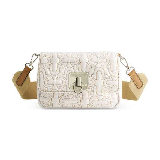 TRUE RELIGION QUILTED DENIM HORSESHOE FLAP CROSSBODY, WHITE