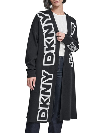 DKNY Women Black Placement Print Mandarin Collar Sweater size M