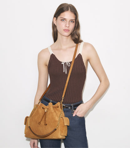 TORY BURCH CHARLIE QUILTED DRAWSTRING SHOULDER BAG IN SUEDE CAMEL