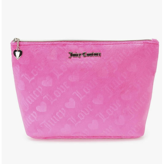 Juicy Couture Women’s Pink Velvet Love Embossed Cosmetics Pouch with Heart Charm Zipper