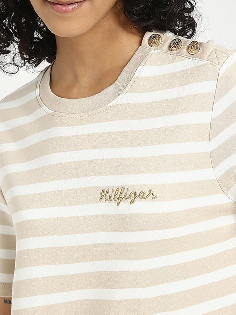 TOMMY HILFIGER Beige Cotton Stripes Short Sleeve T-Shirt size M