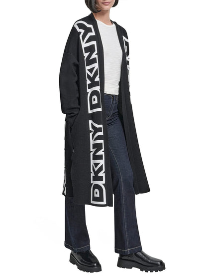 DKNY Women Black Placement Print Mandarin Collar Sweater size M