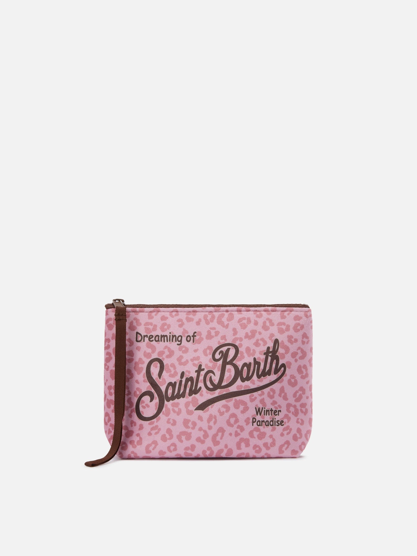 MC2 SAINT BARTH ALINE BEIGE ALINE WOOL-EFFECT CLUTCH BAG WITH PINK LEOPARD PRINT