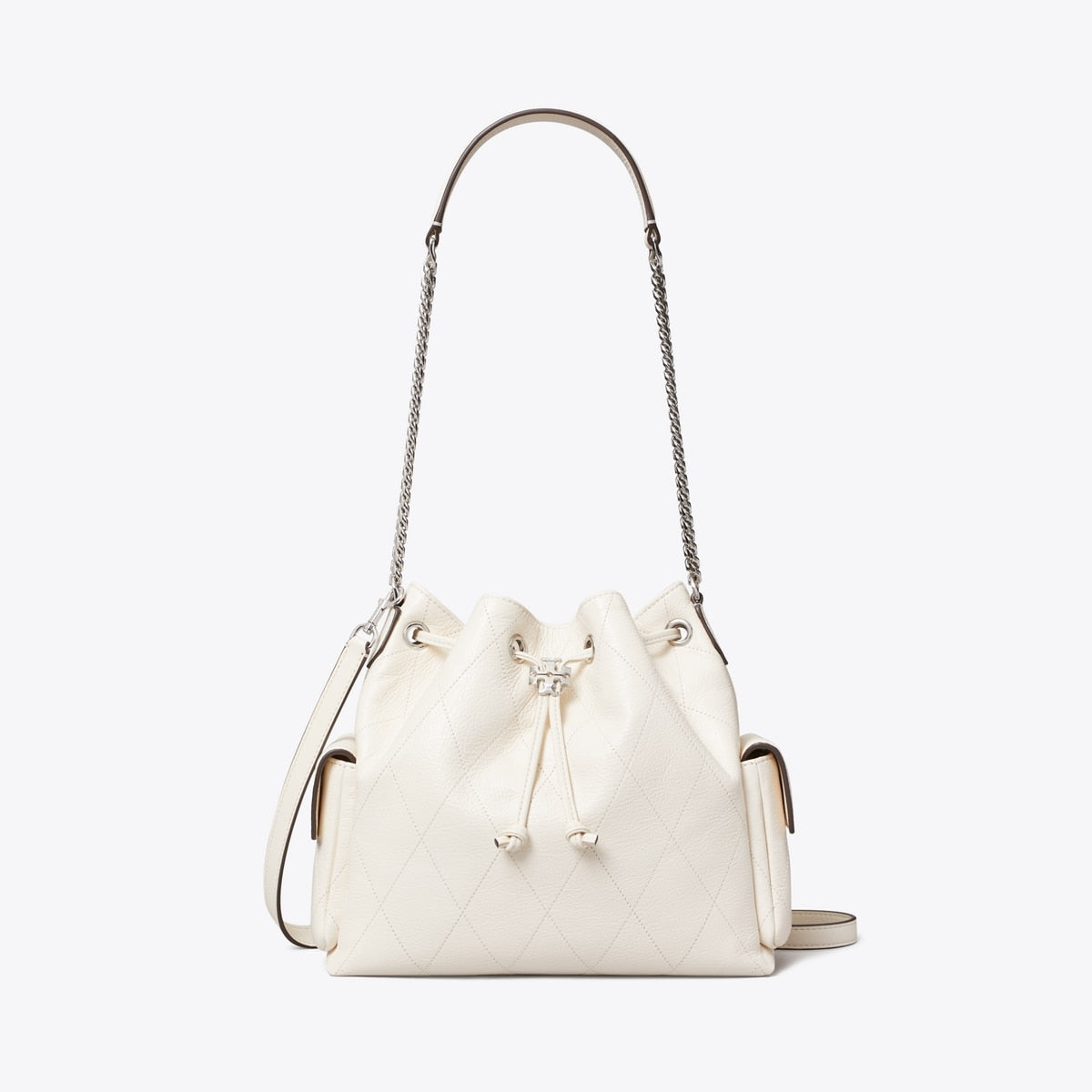 TORY BURCH CHARLIE QUILTED DRAWSTRING SHOULDER BAG IN WHITE