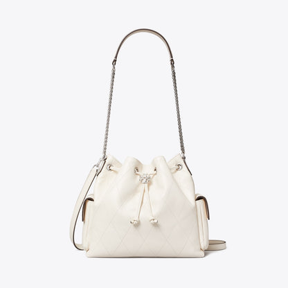 TORY BURCH CHARLIE QUILTED DRAWSTRING SHOULDER BAG IN WHITE