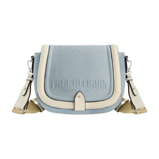 TRUE RELIGION DISTRESSED LOGO DENIM SADDLE BAG, LIGHT BLUE