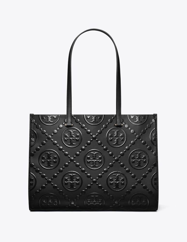 TORY BURCH T MONOGRAM CONTRAST EMBOSSED TOTE BLACK/BLACK