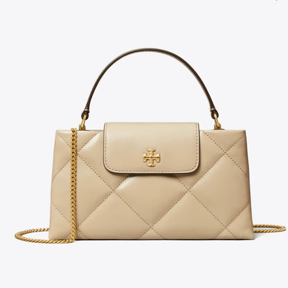 TORY BURCH KIRA DIAMOND QUILT TOP-HANDLE BAG IN LIGHT STONE