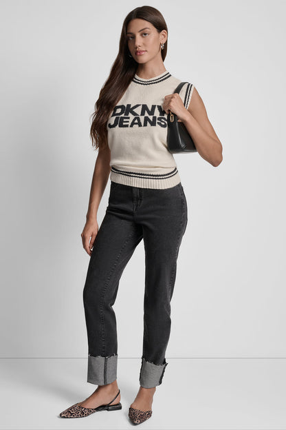 DKNY Women white Solid Round sleeveless Neck Sweater size M