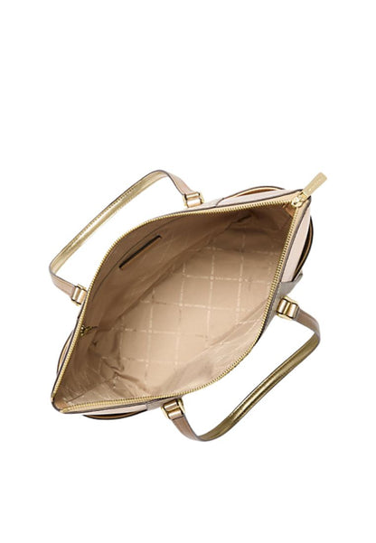 MICHAEL KORS
Charlotte Large Signature Logo and Metallic Top-Zip Tote Bag Pale Gold