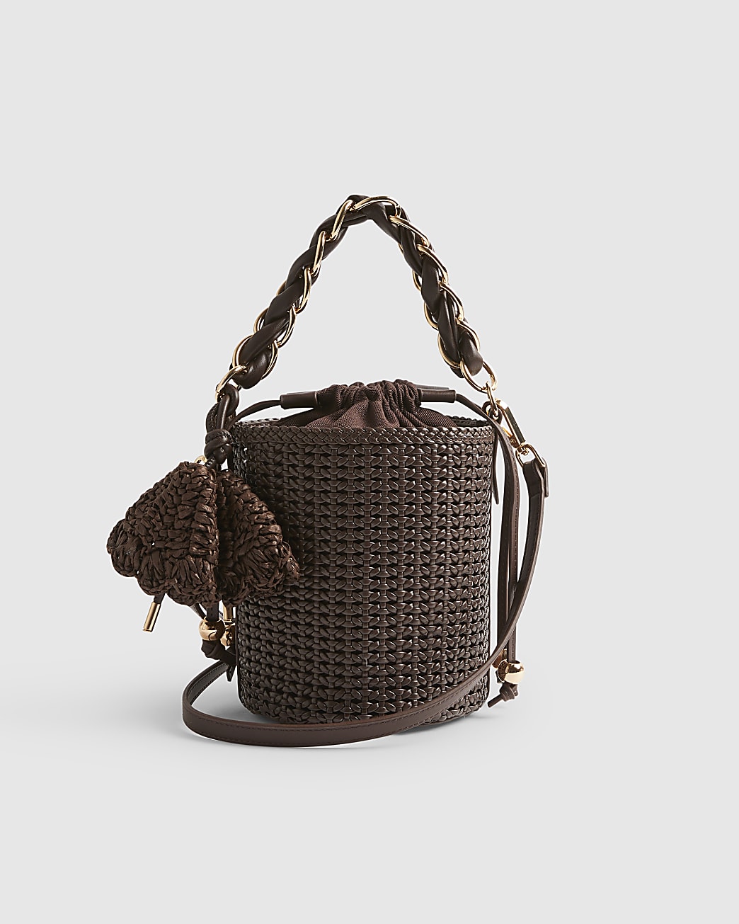 River Island Brown Chain Handle Woven Bucket Bag