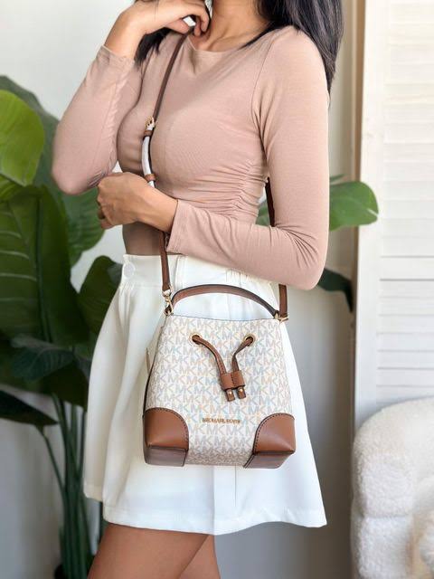 Michael Kors Mercer Small Vanilla Signature Leather Bucket Crossbody Bag