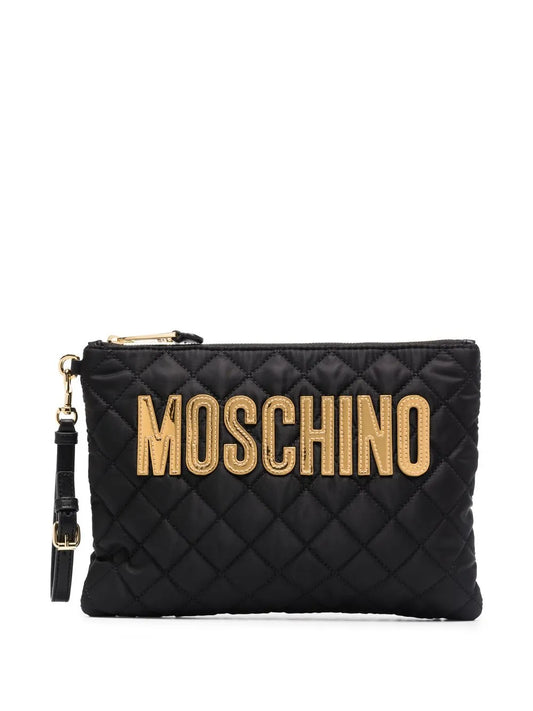 MOSCHINO Logo-patch Quilted Clutch Bag In Black