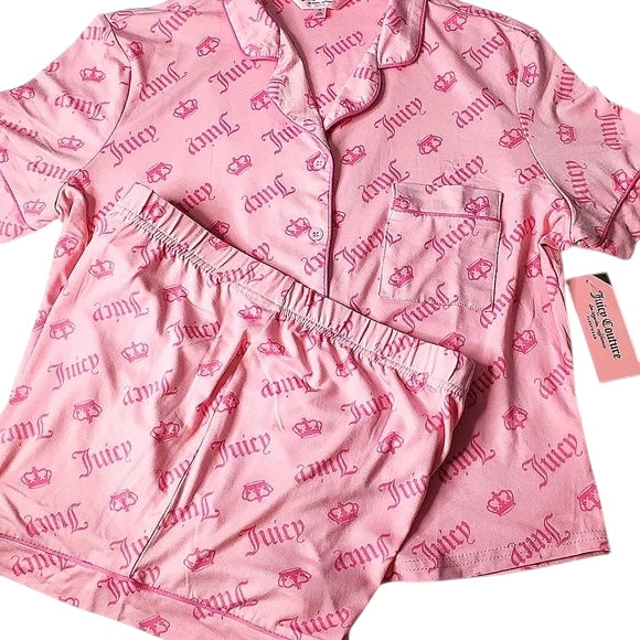 Juicy Couture Pink Logo Crown 2 Piece Pajamas Set Button Up Shirt Shorts