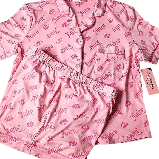 Juicy Couture Pink Logo Crown 2 Piece Pajamas Set Button Up Shirt Shorts