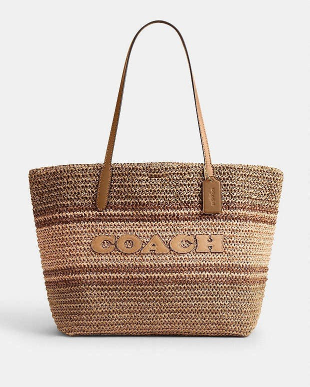 COACH Straw and smooth leather City Tote Bag