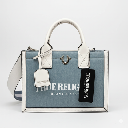 TRUE RELIGION MODERN EDGE DENIM TOTE LIGHT DENIM