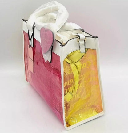 Juicy Couture Large 2pc Beachin Clear Logo MultiColor Tote Bag & Pouch Pink
