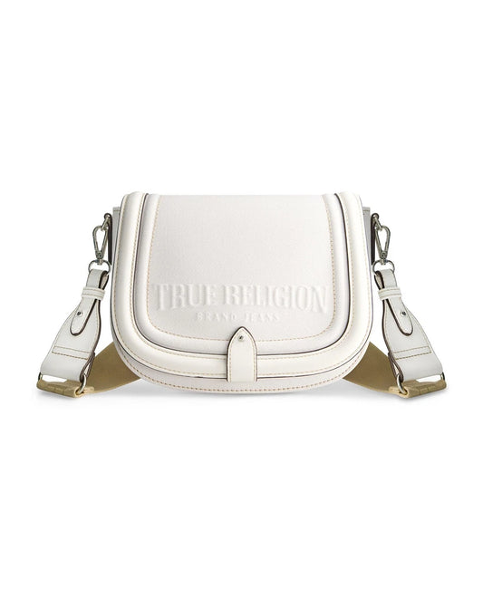 TRUE RELIGION DISTRESSED LOGO DENIM SADDLE BAG, WHITE