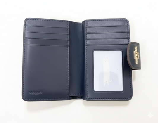 Coach Medium Corner Zip Wallet in blue Signature Canvas with Cherry Print.